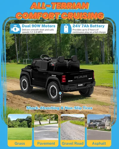 Miniatura 6 de ENYOPRO - Juguetes de montar de 24V para niños grandes, RAM 1500 RHO con licencia de 2 asientos, auto de montar para niños pequeños con control