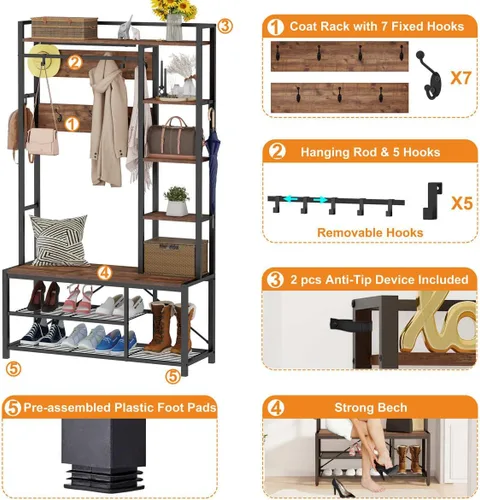 Miniatura 6 de BON AUGURE Aparador industrial para cocina con perchero con banco de almacenamiento de zapatos con estantes reversibles para vestíbulo