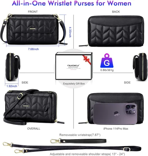 Miniatura 4 de nuoku Cartera RFID para mujer, bolso cruzado con cremallera alrededor de 2 correas
