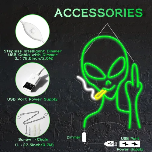 Miniatura 5 de Letreros de neón alienígenas verdes, letreros de neón LED regulables para decoración de pared, dormitorio, guarida del hombre, sala de juegos, bar