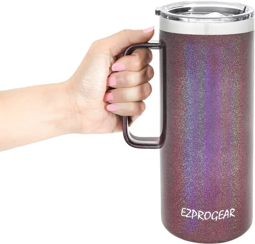 Miniatura 7 de Ezprogear Taza de café de acero inoxidable de 32 onzas, vaso de doble pared aislado al vacío con asa, tapa y pajitas (32 onzas, violeta brillante)