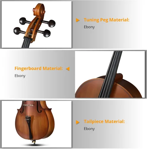 Miniatura 6 de Vasitelan Violonchelo acústico 4/4, violonchelo acústico de tamaño completo con funda acolchada, cuerda extra, puente, arco y colofonia para adultos