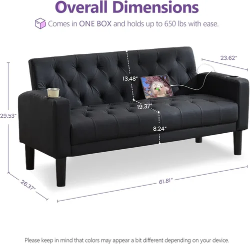 Miniatura 2 de TYBOATLE Sofá loveseat de 62" de ancho con 2 puertos de cargador USB y 2 portavasos, sofá de amor pequeño tapizado de cuero negro estilo moderno