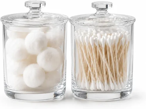 Miniatura 7 de ForPro - Tarro de boticario de acrílico transparente con 2 compartimentos con tapa, soporte inastillable y organizador de bolas de algodón