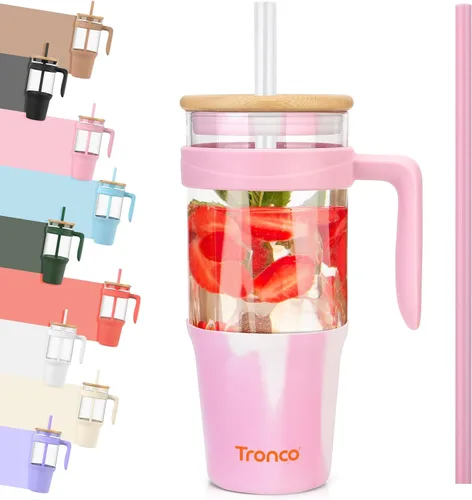 Miniatura 31 de Tronco Vaso de vidrio de 32 onzas con popote y tapa, tapa con popote 2 en 1 a prueba de fugas, botellas de agua de vidrio con asa, apto para Rosa