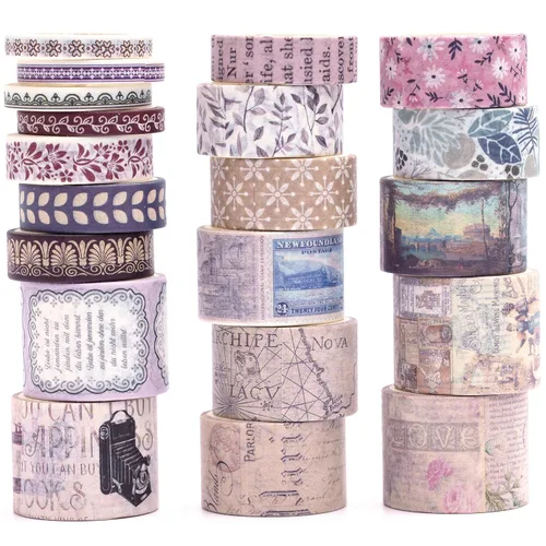Juego de 20 rollos de cintas adhesivas vintage Washi de arte retro, monólogo fugaz para manualidades, niños, álbumes de recortes, bricolaje,
