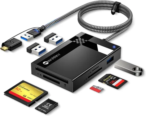Lector de Tarjetas SD 7 en 1, WARRKY [Conector Dual USB3.0/USB C, Cable de Nylon de 2.5 Pies] Hub Adaptador de Tarjeta de Memoria de Cámara para
