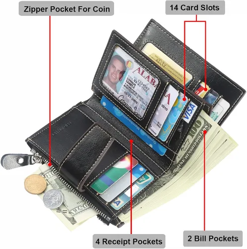 Miniatura 4 de Lavemi Cartera pequeña y compacta para mujer con bloqueo RFID monedero plegable de cuero genuino con ventanas de identificación