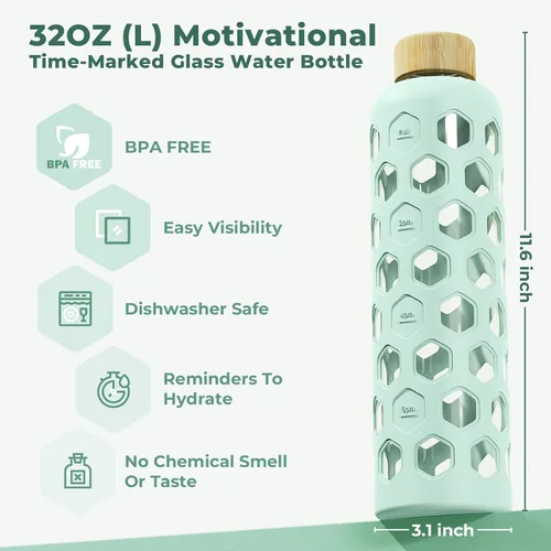 Miniatura 2 de Botella de agua de vidrio de 32 onzas con tapa de bambú, botellas reutilizables transparentes con funda de silicona y marcador de tiempo, vaso
