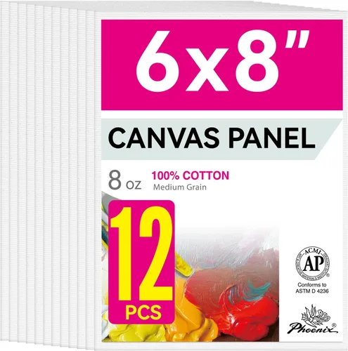 Miniatura 25 de PHOENIX - Juego de 12 paneles de lienzo de algodón con triple imprimación para pintura al óleo y acrílica Blanco