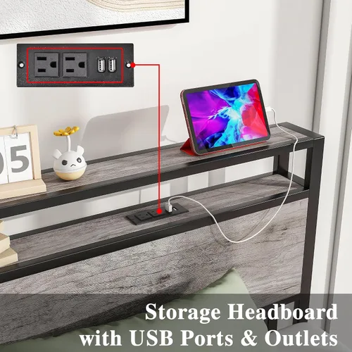 Miniatura 4 de HOJINLINERO Base de cama individual con cabecera de almacenamiento, plataforma de metal con estación de carga, no necesita somier, soporte de Roble