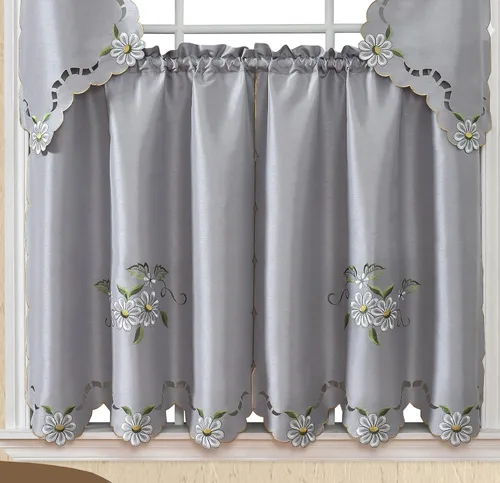 Miniatura 2 de Gohd Cutwork Floral. Juego de cortinas de cocina. Juego de cenefa y flecos. Lindo bordado en tela de seda sintética con calados. (Gris)