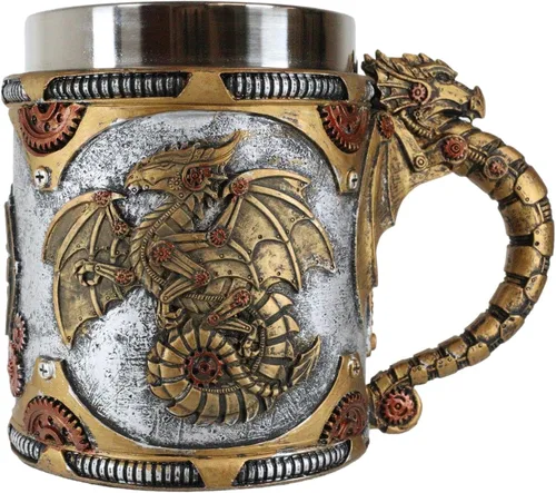 Ebros Gift Fantasía Golden Steampunk Cyborg Dragón robótico en viaje a la luna Cerveza Stein Tankard Taza de café Calabozos y Dragones Victoriano