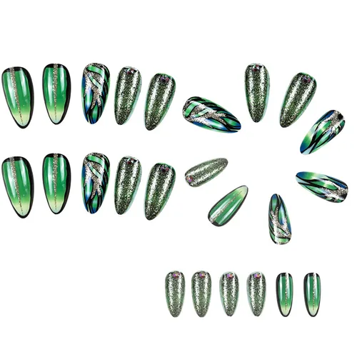 Miniatura 3 de Uñas acrílicas artificiales de punta francesa verde – Forma de almendra de longitud media con diseño de diamantes de imitación 3D de lámina dorada