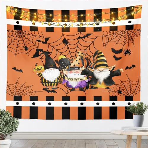 Manfei Bonito tapiz de gnomos para colgar en la pared con temática de Halloween para decoración de habitación de niños y niños, tela de araña negra,