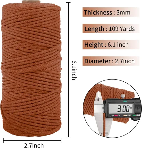 Miniatura 2 de Cuerda de macramé gruesa de algodón natural de 0.118 in x 109 yardas, cuerda de algodón trenzado de 4 hebras para macramé suave, color natural, Rojo