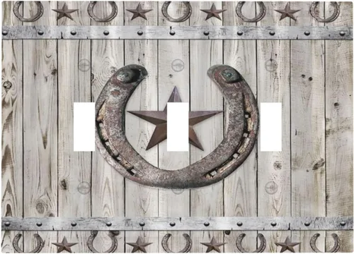 Miniatura 23 de Cubiertas de pared de estilo rústico occidental de madera puerta de granero herradura de hierro estrella placas de pared simple dúplex cubiertas