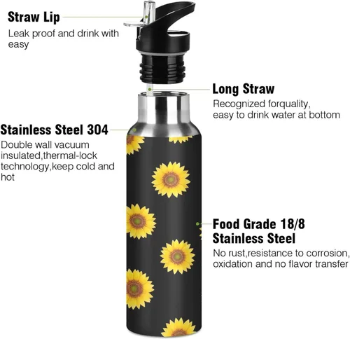 Miniatura 3 de Stainless Steel Vacuum Insulated Water Bottle 32 Oz, BPA-Free Sports Water Bottle for Gym Outdoor Travel School, Yellow Sunflowers Black