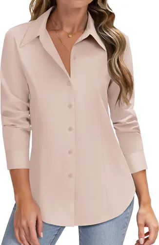 Miniatura 18 de HOTOUCH Camisas de manga larga con botones para mujer, camisas de vestir con protección contra manchas, ajuste delgado, blusas de trabajo, oficina