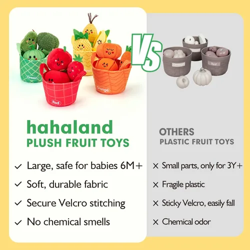 Miniatura 6 de Hahaland Juguetes sensoriales para bebés - 16 piezas Mi primera fruta Verdura Clasificación de color de alimentos de juego crujiente, sonajero
