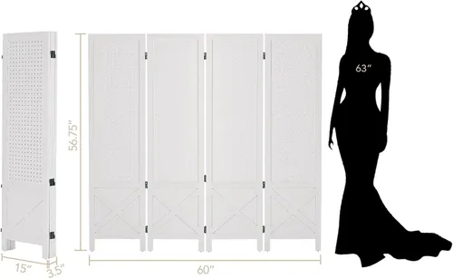 Miniatura 4 de Wnutrees Tablero de clavijas de 4 paneles, pantallas de privacidad plegables de madera de 5 pies, divisor de habitación, tablero portátil Blanco