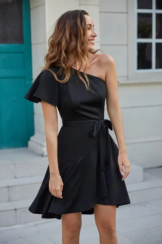 Miniatura 3 de GRACE KARIN Vestido de verano para mujer, elegante vestido de cóctel de un hombro, con volantes, manga corta, acampanado, vestido de fiesta