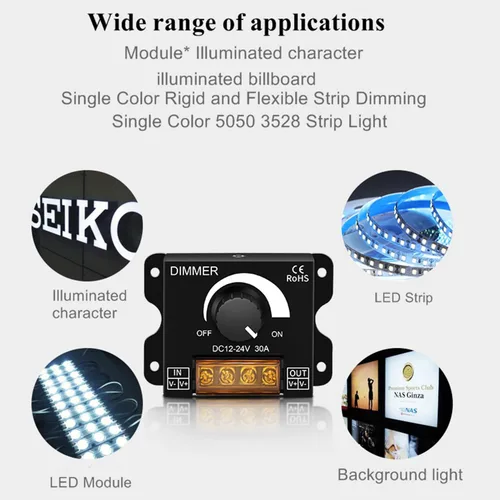 Miniatura 3 de Paquete de 2 interruptores de atenuación LED DC 12-24V 30A PWM Controlador de atenuación de brillo continuo para tira LED de un solo color 5050/3528