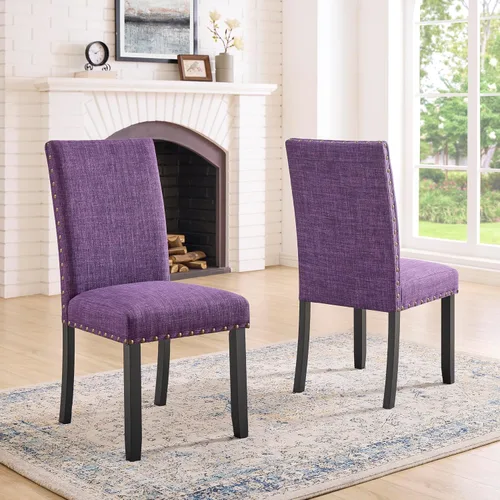 Roundhill Furniture Biony - Sillas de comedor de tela con ribete de clavos, juego de 2, color morado