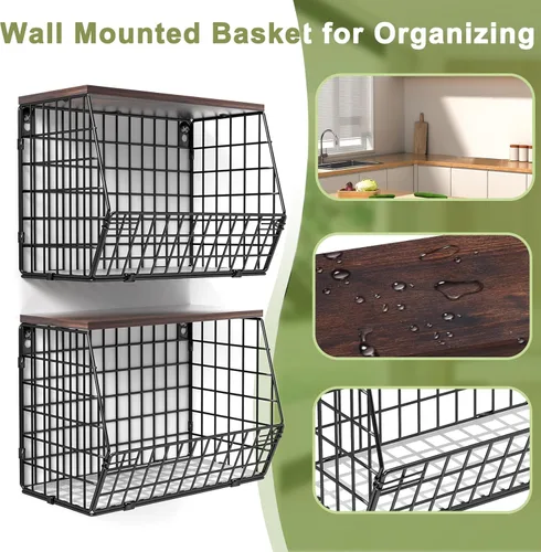 Miniatura 7 de Wawocs Tazón de frutas de 2 niveles, cesta de frutas para encimera de cocina, cesta apilable, cesta colgante montada en la pared, cestas de alambre