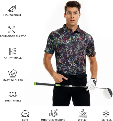 Miniatura 3 de DEOLAX Mens Golf Shirt Performance Moisture Wicking Mens Polo Shirts Fashion Print Dry Fit Polo Shirts Short Sleeve Soft