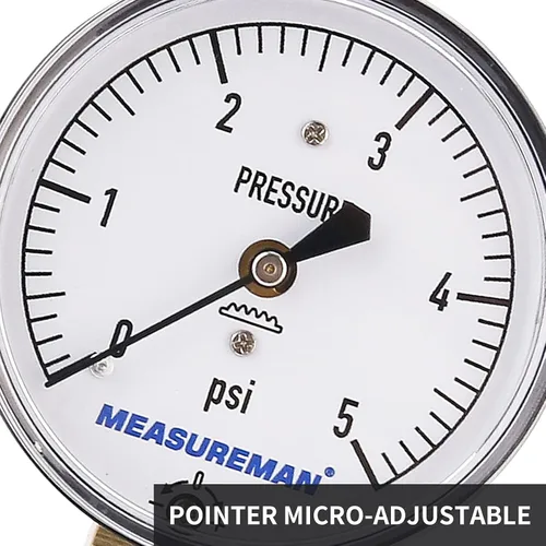 Miniatura 8 de MEASUREMAN Medidor de Presión de Tipo Diafragma en Cápsula de Baja Presión, Esfera de 2-1/2", Montaje Inferior de 1/4" NPT, Ajustable, 0-5 Psi
