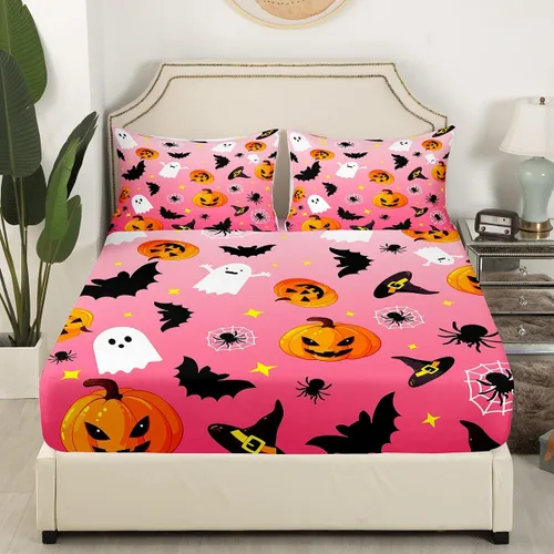 Miniatura 3 de Manfei Juego de sábanas de Halloween tamaño individual, juego de ropa de cama de farol de calabaza fantasmas para niños y niñas, decoración
