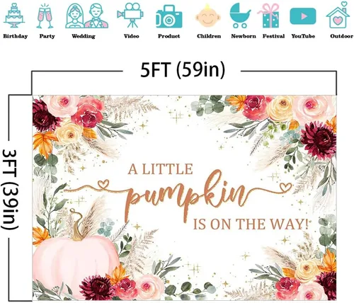 Miniatura 4 de Mocsicka Telón de fondo para baby shower, calabaza rosa burdeos, fondo de baby shower, decoración de fiesta con texto en inglés "A Little Pumpkin is