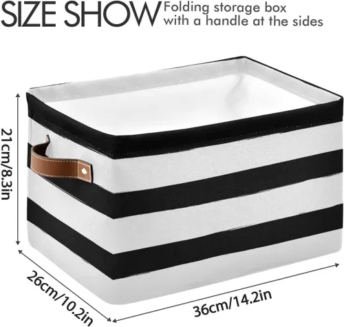Miniatura 4 de Bolaz Cesta de almacenamiento plegable grande, color negro y blanco, a rayas, bolsa organizadora plegable con asas, 15 x 11 x 9.5 pulgadas