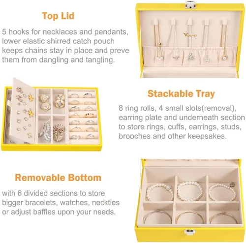 Miniatura 2 de Voova Joyero organizador para mujeres y niñas, 2 capas grandes para hombres, estuche de almacenamiento de joyas de piel sintética con bandeja