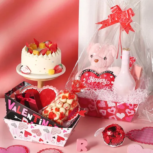 Miniatura 4 de Tatuo Juego de 12 cestas de San Valentín para regalos vacías con bolsas de celofán, bandeja de mercado de corazón de San Valentín, lazos, kit