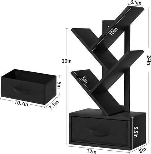 Miniatura 3 de SHEEPAM - Estantería pequeña con cajón, estantería de 4 niveles en forma de árbol en color negro, estantería de escritorio de madera, estanterías