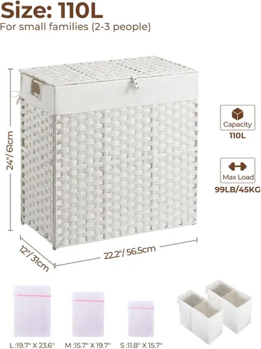Miniatura 6 de Cesta de ropa Greenstell con tapa, sin necesidad de instalación, 110 L, cestos de lavandería de mimbre plegables con 2 bolsas extraíbles, cesto
