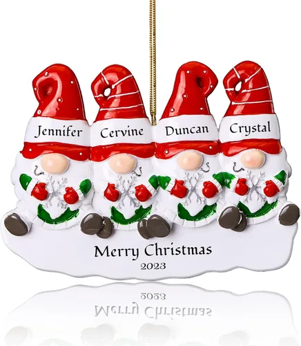 Bemaystar Adornos personalizados de gnomos de Navidad 2024, familia de 4 adornos con nombres personalizados para árboles de Navidad