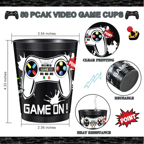Miniatura 2 de Tanlade Juego de 50 tazas temáticas de videojuegos de 16 onzas, vasos de plástico reutilizables para fiestas de video populares, decoraciones