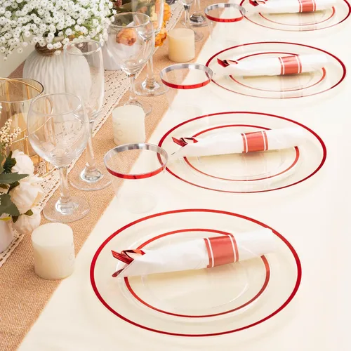 Miniatura 7 de BESTSTAR Juego de 350 platos desechables transparentes y rojos para 50 invitados, 100 platos de plástico, 50 vasos de plástico, 50 servilletas
