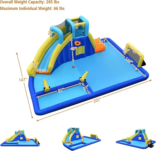 Miniatura 7 de HONEY JOY Tobogán acuático inflable, parque acuático gigante con porterías de fútbol para exteriores, piscina, escalada, toboganes acuáticos