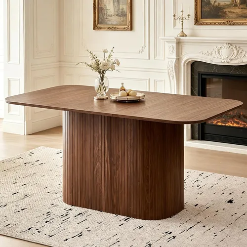 Miniatura 8 de Mesa de comedor de 63 pulgadas para 4 personas, esquinas redondeadas, base de pedestal a rayas, mesa rectangular moderna de granja, color beige