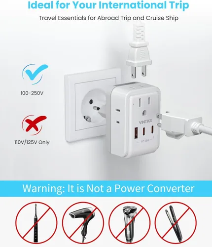 Miniatura 7 de Kit de Adaptador de Viaje Universal, VINTAR PD Adaptador de Corriente Internacional de 35W con 3 Puertos USB (2 USB C) y 4 Salidas de CA, Conectores