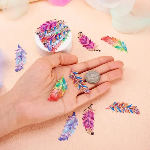 Miniatura 7 de FASHEWELRY 16 dijes de plumas de arco iris de acero inoxidable con alas de filigrana, adornos de metal de 4 colores para hacer joyas, pulseras