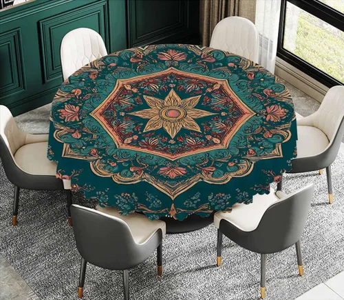 Miniatura 3 de IBILIU Mantel redondo de mandala floral retro, bohemio, estilo indio, patrón étnico de damasco, resistente al agua, de poliéster, mantel decorativo