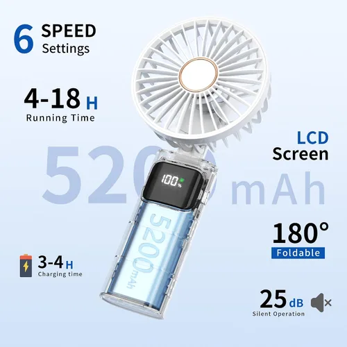 Miniatura 2 de Ventilador de mano portátil, mini ventilador personal plegable recargable por USB, 5200 mAh, 180 ajustables, viento de 6 velocidades, ventilador