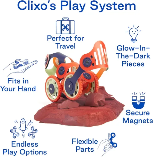 Miniatura 9 de Clixo - Paquete de Mars Rover: juguete magnético de construcción con ruedas que brillan en la oscuridad - 30 piezas magnéticas flexibles