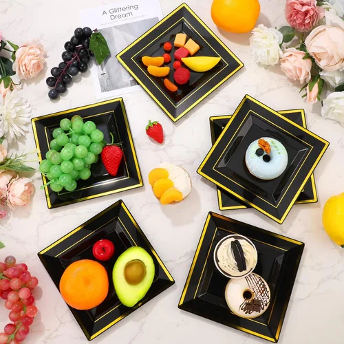 Miniatura 6 de 200 platos de plástico negro y dorado de 6.5 pulgadas, platos de postre cuadrados desechables para aperitivos, pasteles, ensalada, cubiertos