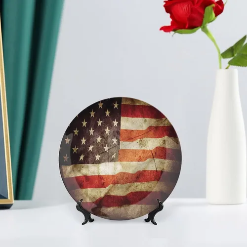 Miniatura 6 de Platos decorativos, adorno estampado de bandera estadounidense, aspecto patriótico, grunge, 6 pulgadas, decoración de pared de cocina, multicolor